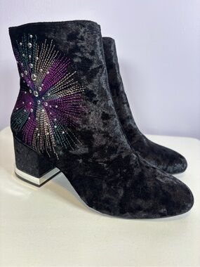 Design Lab Aunti Black Velvet Whimsigoth Ankle Boots with Purple & Teal Accent